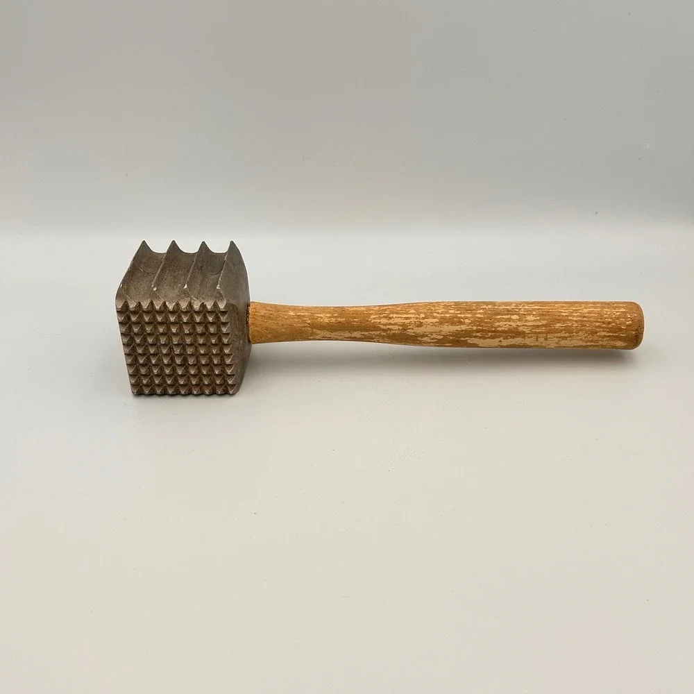 Vintage Meat Tenderizer Mallet Wood Handle Dual Sided Metal Head Primitive Tool